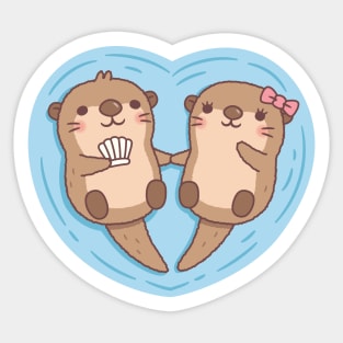 Cute Otters In Love Holding Paws Heart Sticker